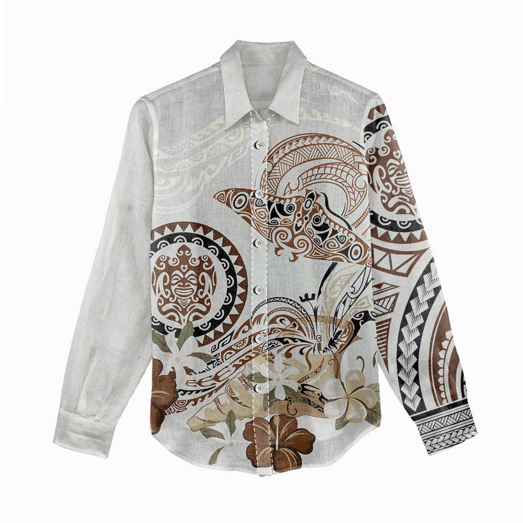 Polynesian Manta Ray Women Casual Shirt Beige Floral Turtle Tattoo - Polynesian Pride