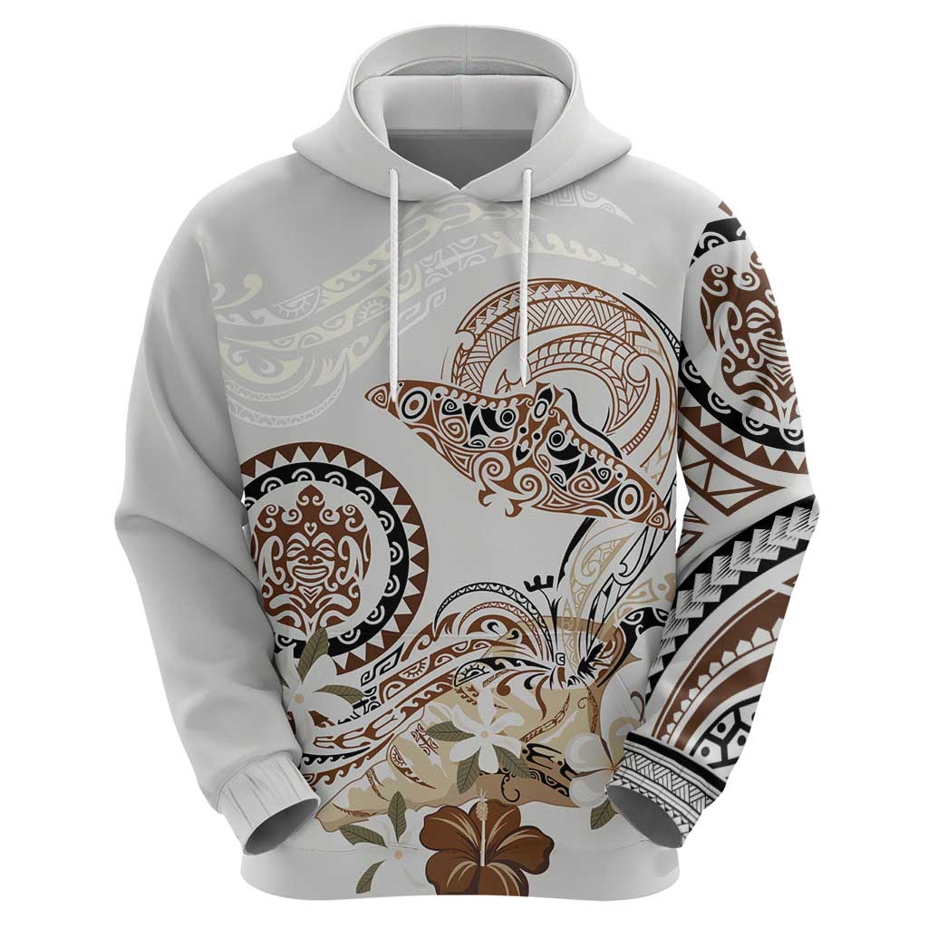Polynesian Manta Ray Zip Hoodie Beige Floral Turtle Tattoo - Polynesian Pride