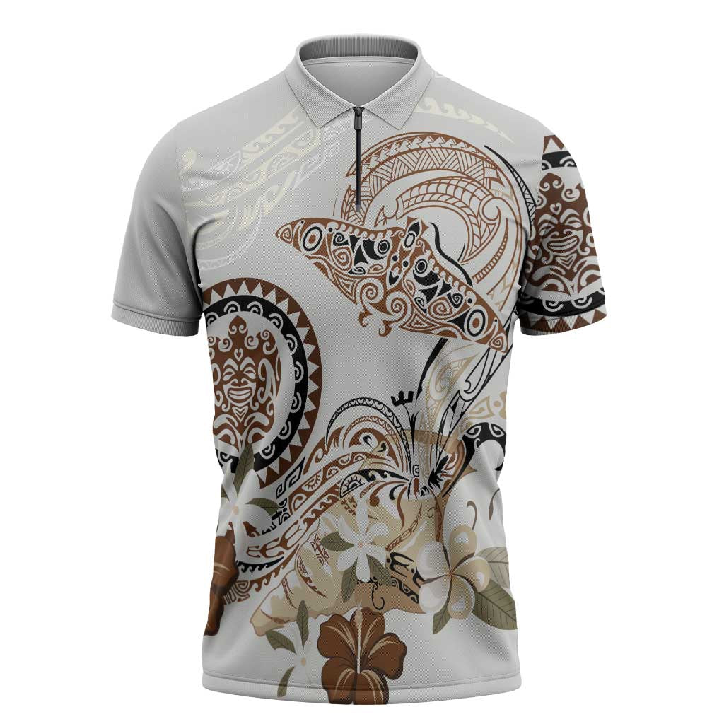 Polynesian Manta Ray Zipper Polo Shirt Beige Floral Turtle Tattoo - Polynesian Pride