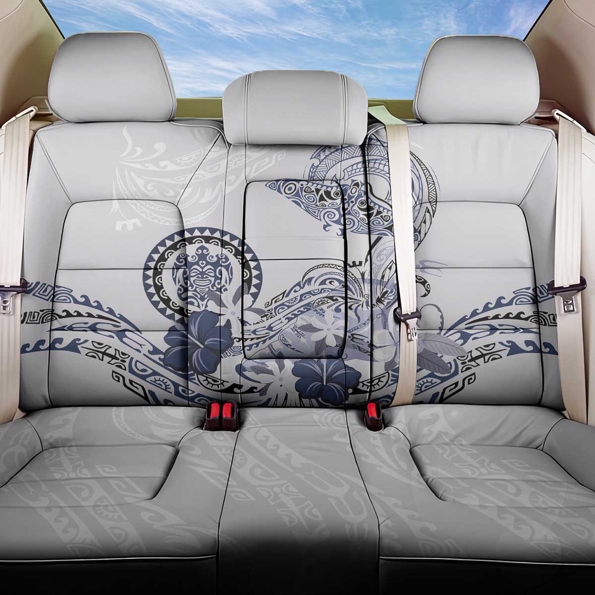 Polynesian Manta Ray Back Car Seat Cover Blue Floral Turtle Tattoo - Polynesian Pride