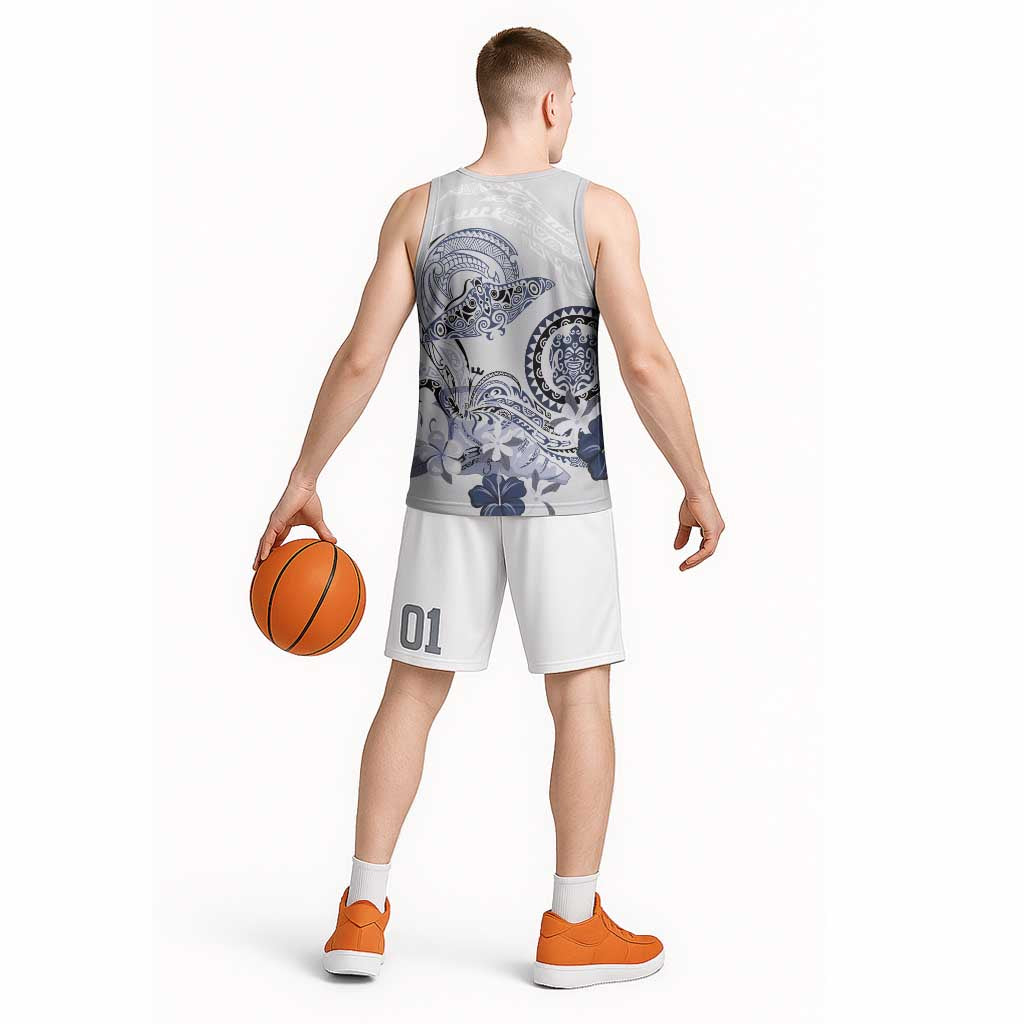 Polynesian Manta Ray Basketball Jersey Blue Floral Turtle Tattoo - Polynesian Pride