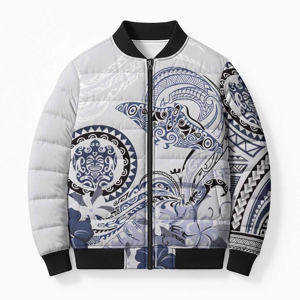 Polynesian Manta Ray Bomber Puffer Jacket Blue Floral Turtle Tattoo - Polynesian Pride
