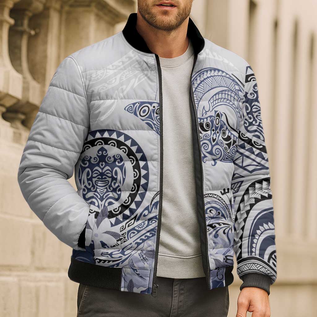 Polynesian Manta Ray Bomber Puffer Jacket Blue Floral Turtle Tattoo - Polynesian Pride