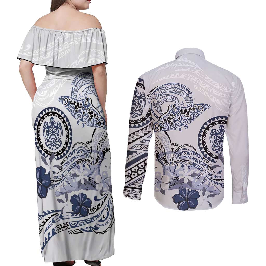 Polynesian Manta Ray Couples Matching Off Shoulder Maxi Dress and Long Sleeve Button Shirt Blue Floral Turtle Tattoo - Polynesian Pride