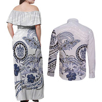 Polynesian Manta Ray Couples Matching Off Shoulder Maxi Dress and Long Sleeve Button Shirt Blue Floral Turtle Tattoo - Polynesian Pride