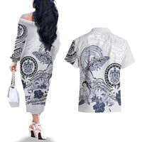 Polynesian Manta Ray Couples Matching Off The Shoulder Long Sleeve Dress and Hawaiian Shirt Blue Floral Turtle Tattoo - Polynesian Pride