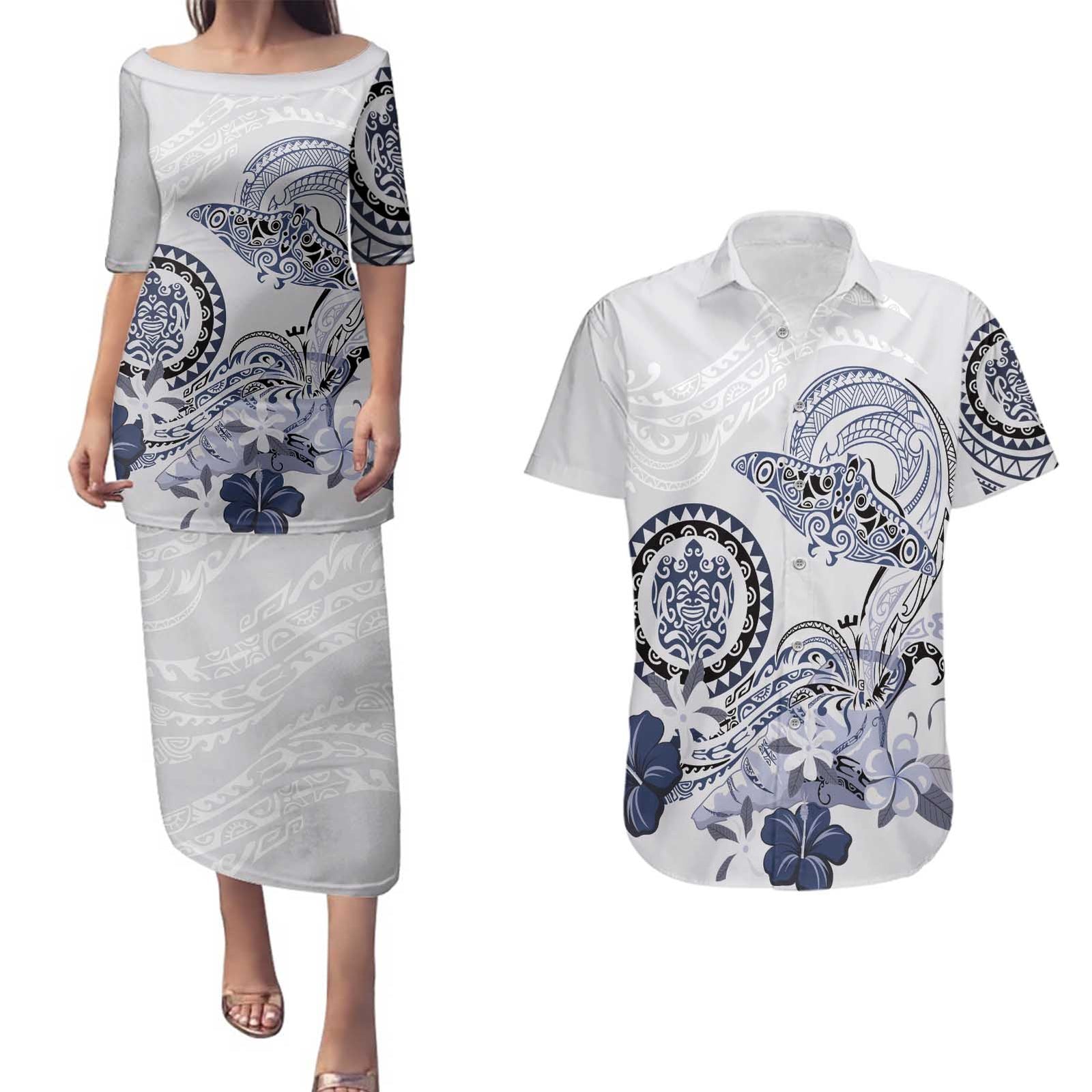 Polynesian Manta Ray Couples Matching Puletasi and Hawaiian Shirt Blue Floral Turtle Tattoo - Polynesian Pride