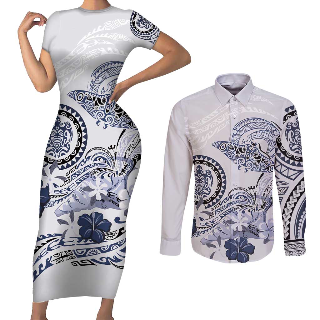 Polynesian Manta Ray Couples Matching Short Sleeve Bodycon Dress and Long Sleeve Button Shirt Blue Floral Turtle Tattoo - Polynesian Pride