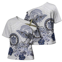 Polynesian Manta Ray Cross Shoulder Shirt Blue Floral Turtle Tattoo - Polynesian Pride