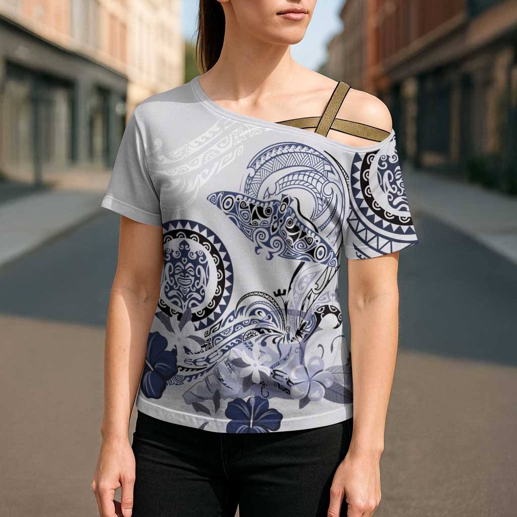 Polynesian Manta Ray Cross Shoulder Shirt Blue Floral Turtle Tattoo - Polynesian Pride