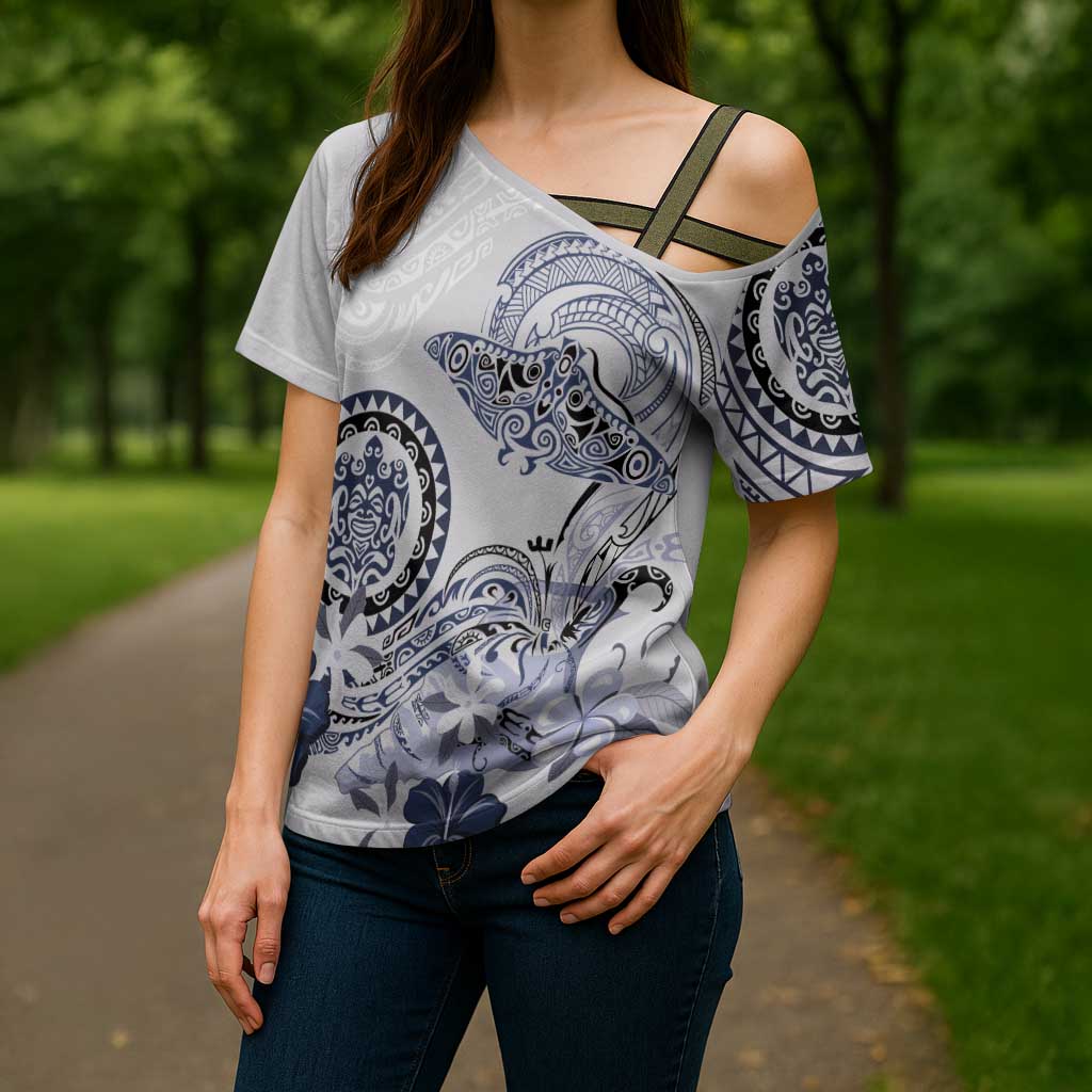 Polynesian Manta Ray Cross Shoulder Shirt Blue Floral Turtle Tattoo - Polynesian Pride
