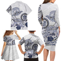 Polynesian Manta Ray Family Matching Long Sleeve Bodycon Dress and Hawaiian Shirt Blue Floral Turtle Tattoo - Polynesian Pride
