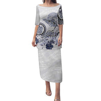 Polynesian Manta Ray Family Matching Puletasi and Hawaiian Shirt Blue Floral Turtle Tattoo - Polynesian Pride