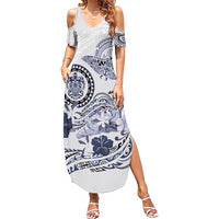 Polynesian Manta Ray Family Matching Summer Maxi Dress and Hawaiian Shirt Blue Floral Turtle Tattoo - Polynesian Pride