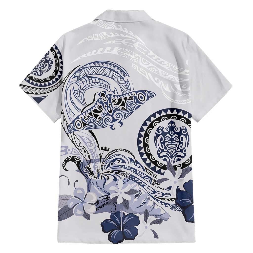 Polynesian Manta Ray Hawaiian Shirt Blue Floral Turtle Tattoo - Polynesian Pride