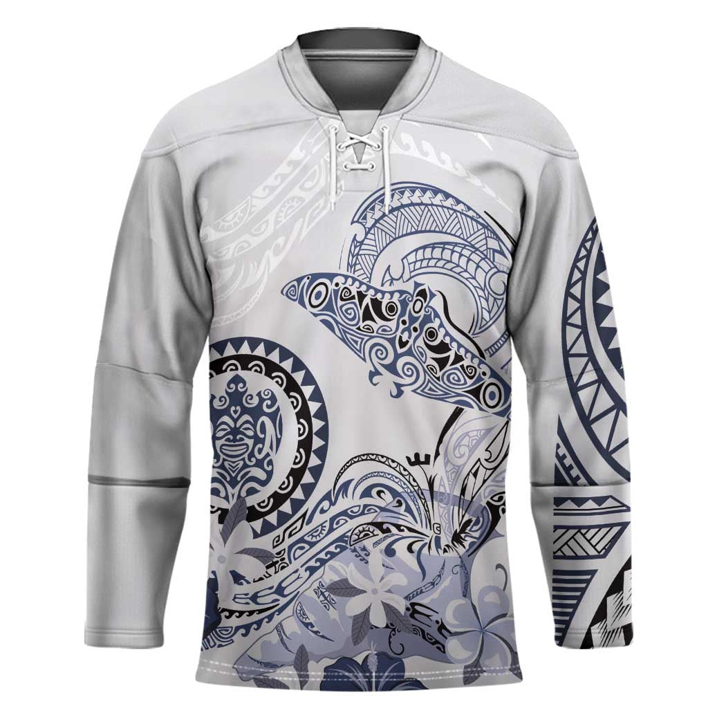 Polynesian Manta Ray Hockey Jersey Blue Floral Turtle Tattoo - Polynesian Pride