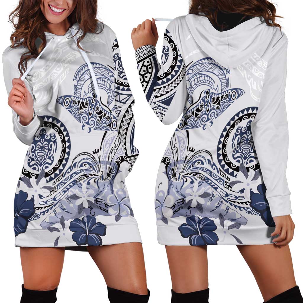 Polynesian Manta Ray Hoodie Dress Blue Floral Turtle Tattoo - Polynesian Pride