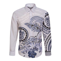 Polynesian Manta Ray Long Sleeve Button Shirt Blue Floral Turtle Tattoo - Polynesian Pride