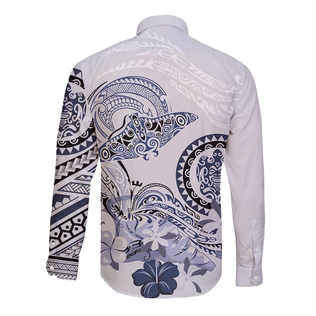 Polynesian Manta Ray Long Sleeve Button Shirt Blue Floral Turtle Tattoo - Polynesian Pride