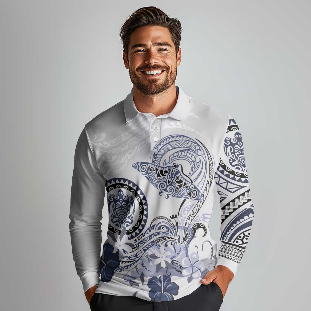 Polynesian Manta Ray Long Sleeve Polo Shirt Blue Floral Turtle Tattoo - Polynesian Pride