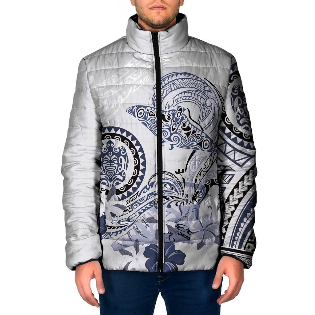 Polynesian Manta Ray Padded Jacket Blue Floral Turtle Tattoo - Polynesian Pride
