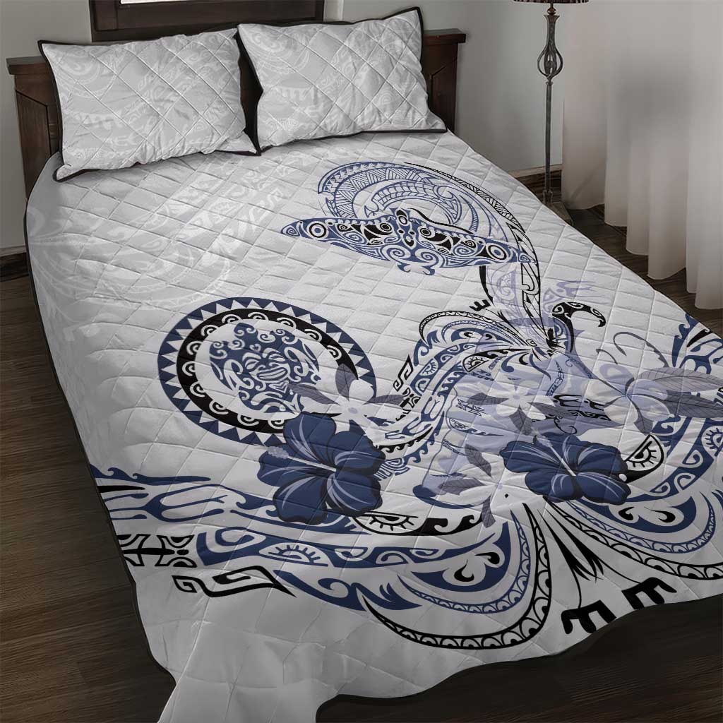 Polynesian Manta Ray Quilt Bed Set Blue Floral Turtle Tattoo - Polynesian Pride