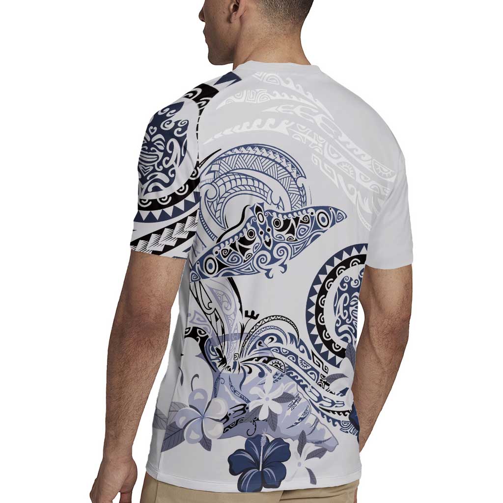Polynesian Manta Ray Rugby Jersey Blue Floral Turtle Tattoo - Polynesian Pride