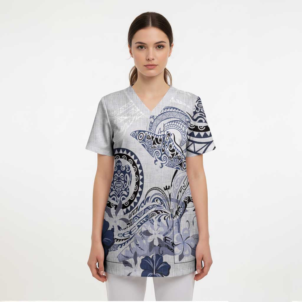 Polynesian Manta Ray Scrub Top Blue Floral Turtle Tattoo - Polynesian Pride