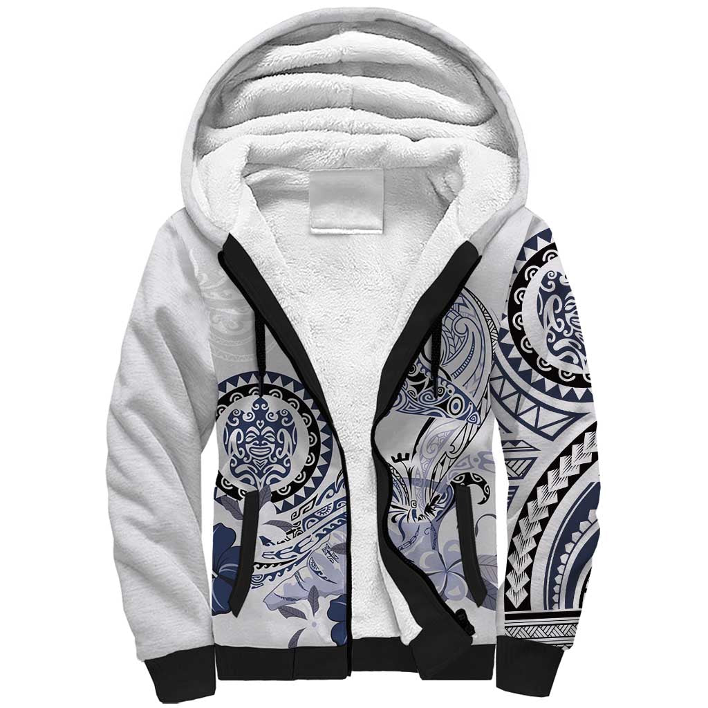 Polynesian Manta Ray Sherpa Hoodie Blue Floral Turtle Tattoo - Polynesian Pride