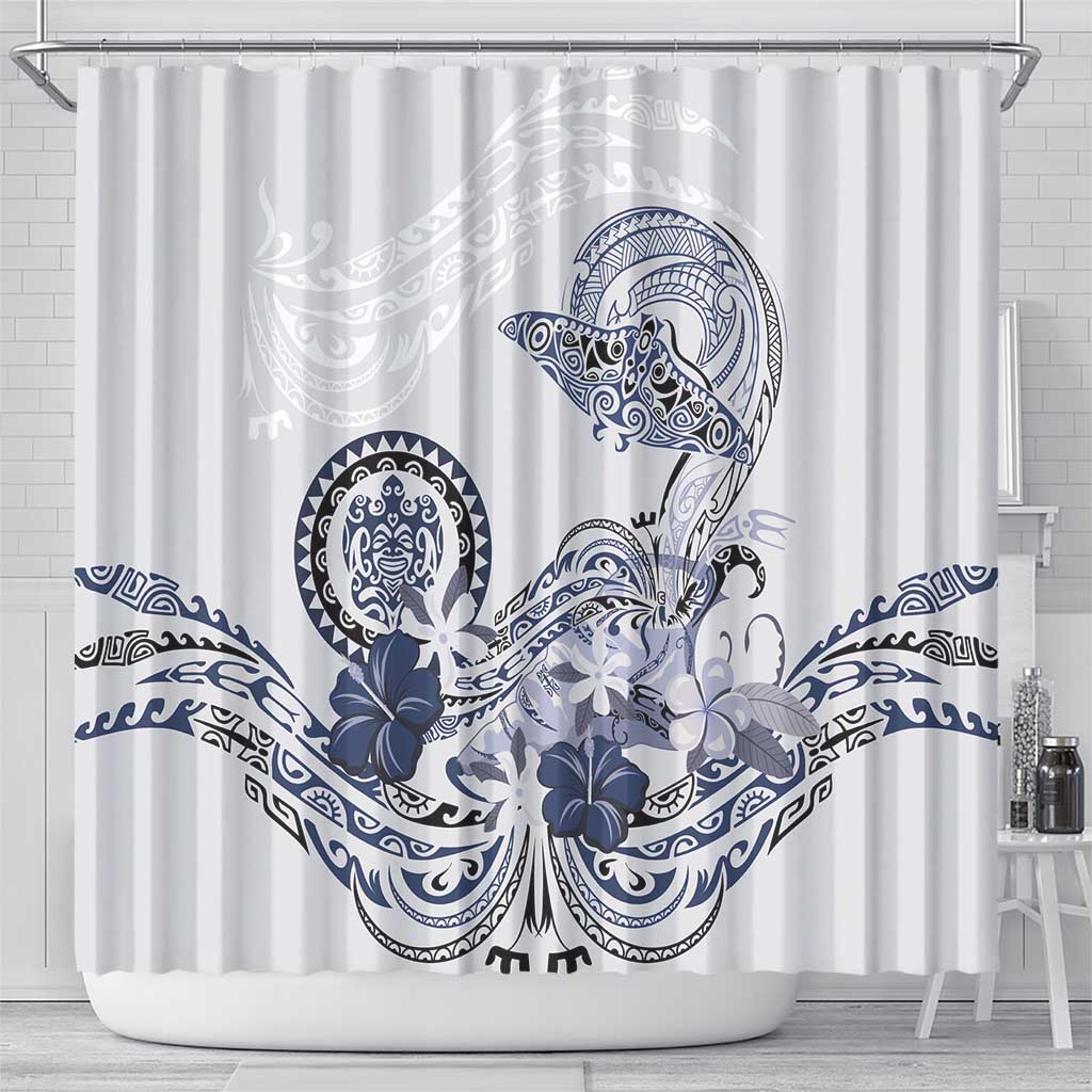 Polynesian Manta Ray Shower Curtain Blue Floral Turtle Tattoo - Polynesian Pride