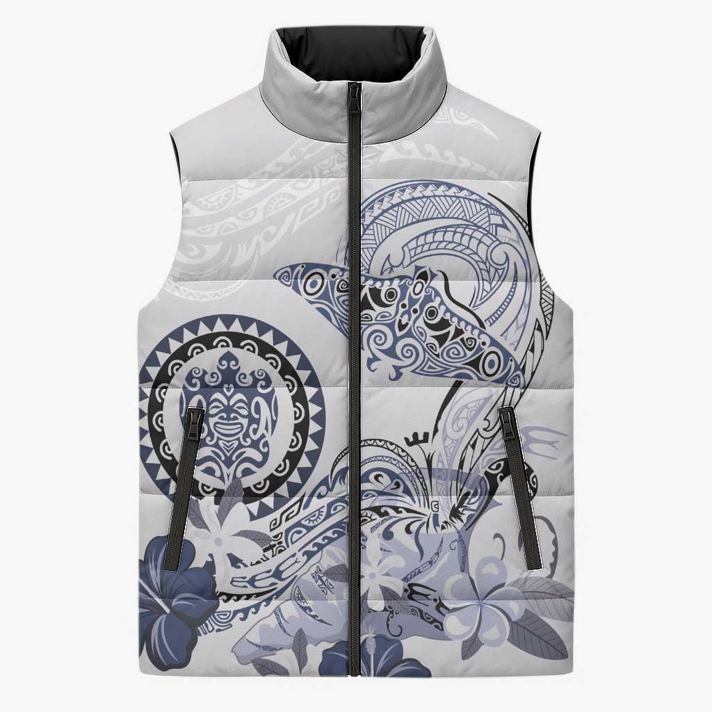 Polynesian Manta Ray Sleeveless Puffer Jacket Blue Floral Turtle Tattoo - Polynesian Pride