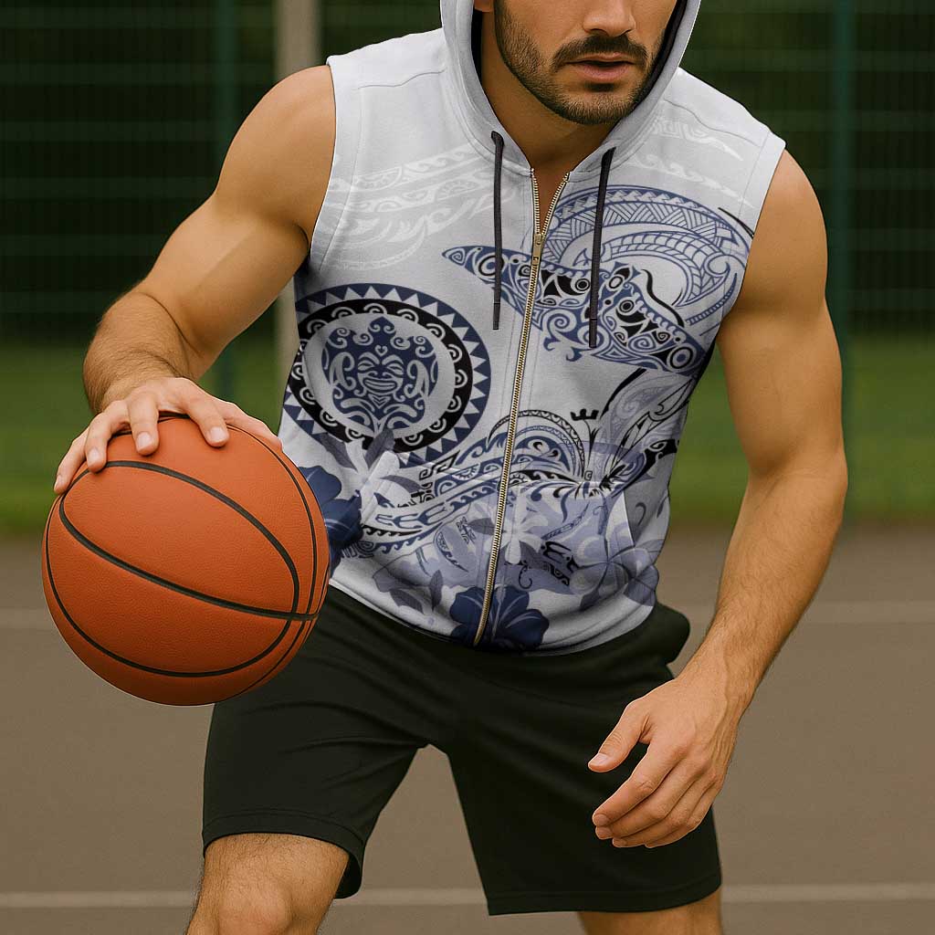 Polynesian Manta Ray Sleeveless Zip Hoodie Blue Floral Turtle Tattoo - Polynesian Pride