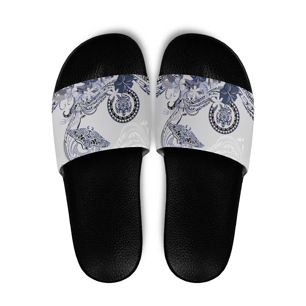 Polynesian Manta Ray Slide Sandals Blue Floral Turtle Tattoo - Polynesian Pride