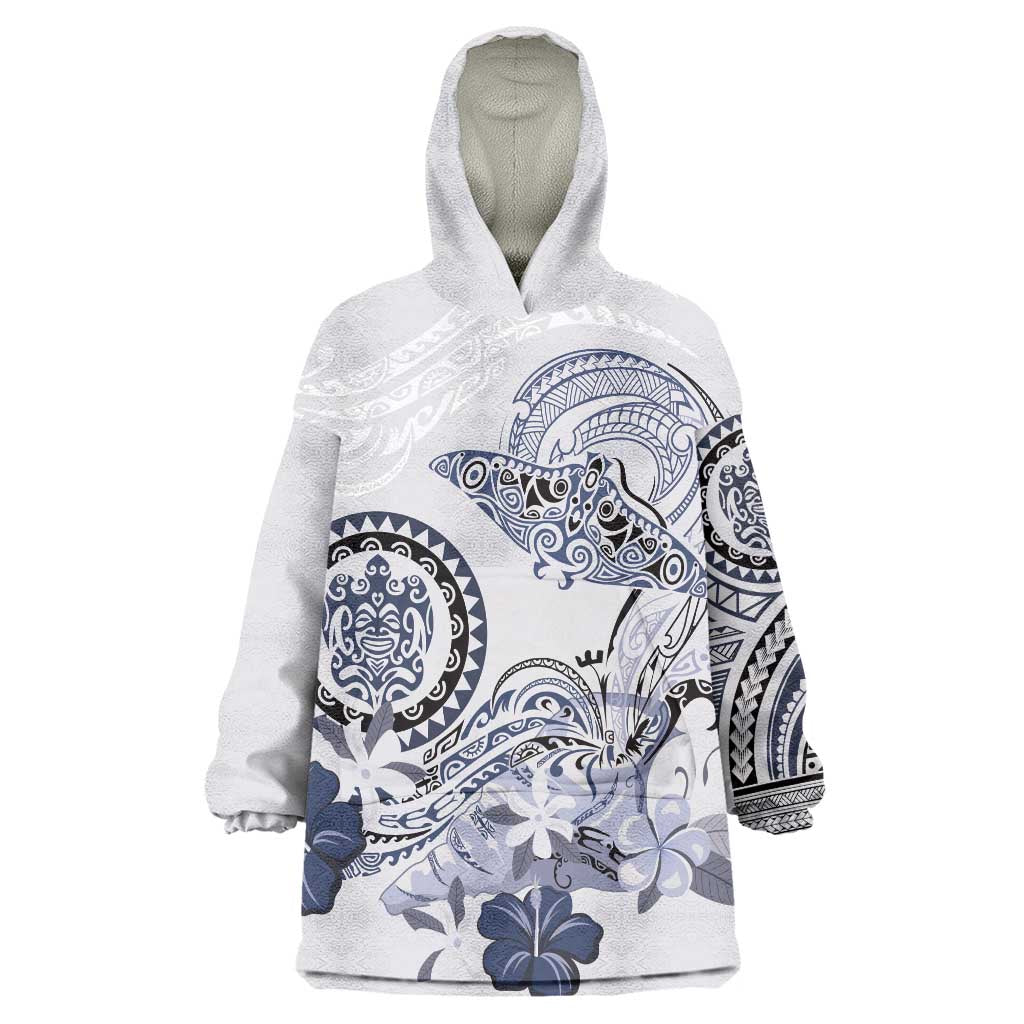 Polynesian Manta Ray Wearable Blanket Hoodie Blue Floral Turtle Tattoo - Polynesian Pride
