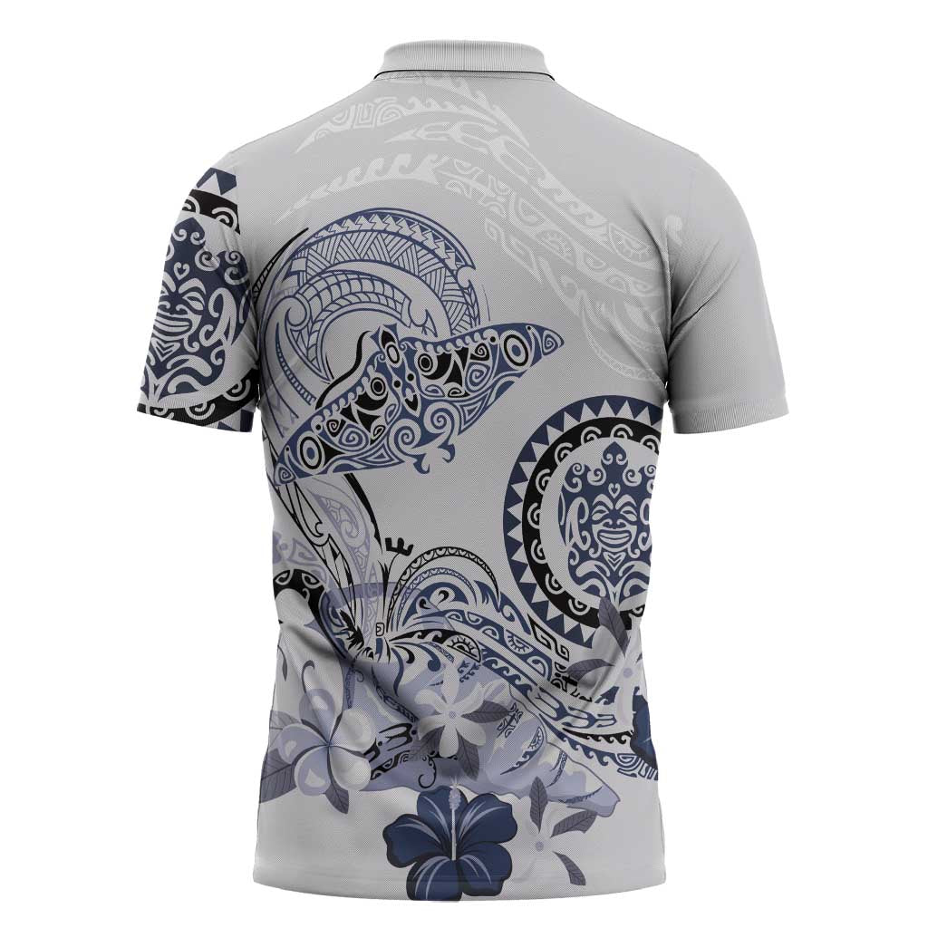 Polynesian Manta Ray Zipper Polo Shirt Blue Floral Turtle Tattoo - Polynesian Pride