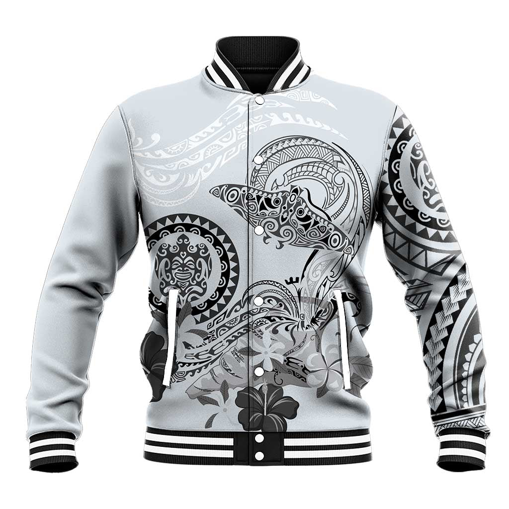 Polynesian Manta Ray Baseball Jacket Gray Floral Turtle Tattoo - Polynesian Pride
