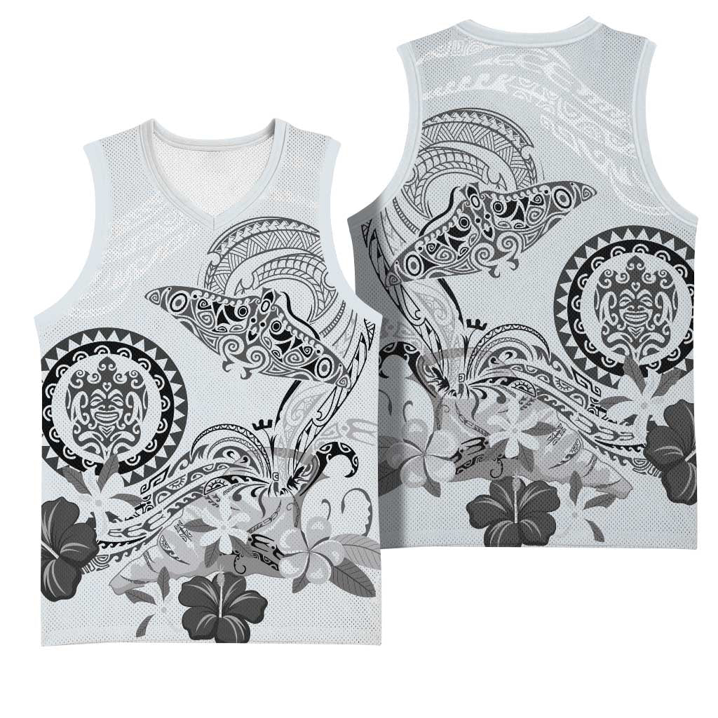Polynesian Manta Ray Basketball Jersey Gray Floral Turtle Tattoo - Polynesian Pride