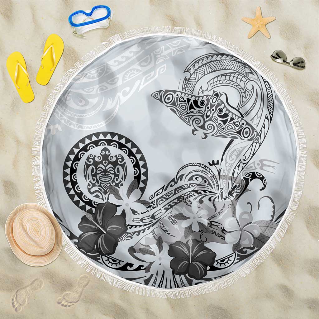 Polynesian Manta Ray Beach Blanket Gray Floral Turtle Tattoo - Polynesian Pride