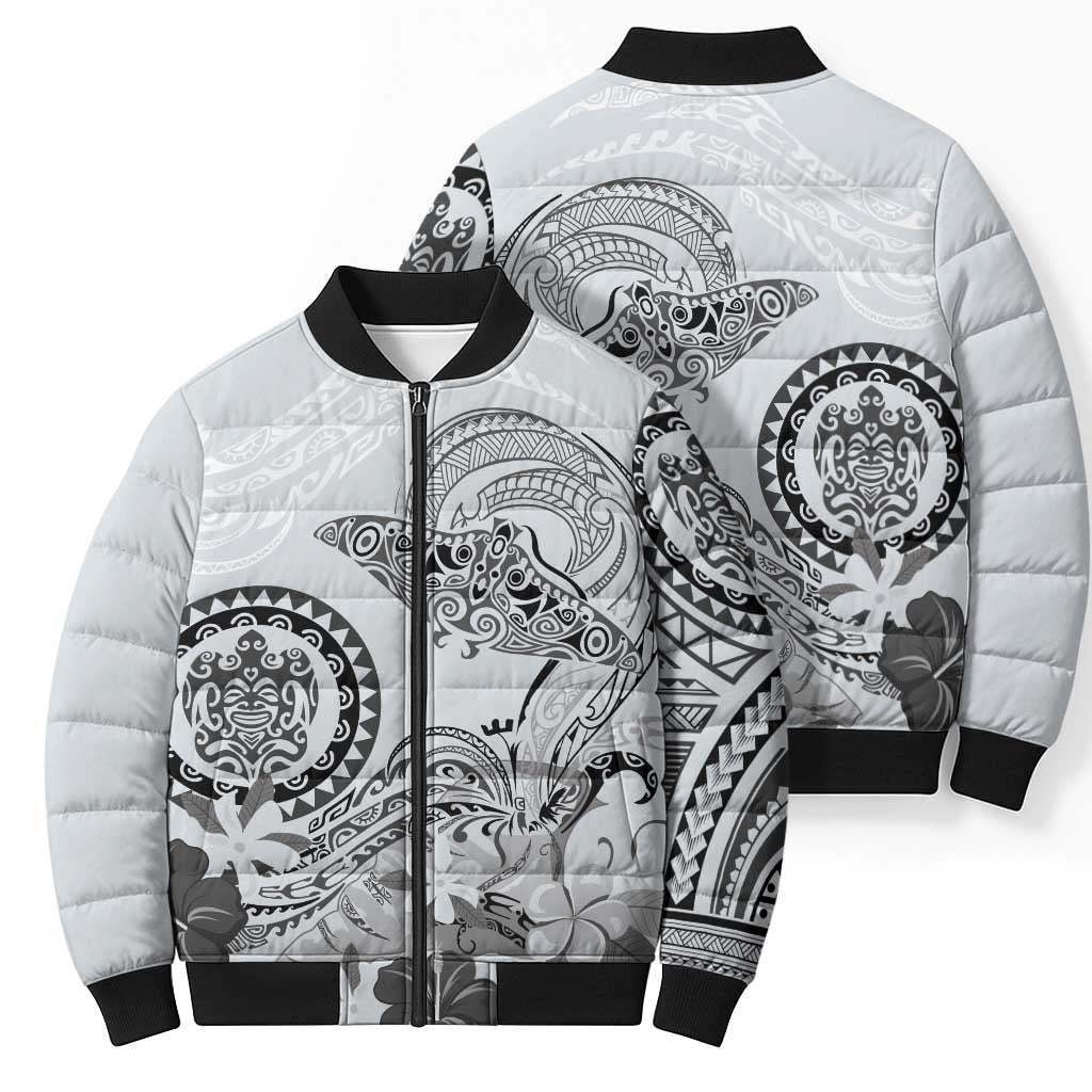 Polynesian Manta Ray Bomber Puffer Jacket Gray Floral Turtle Tattoo - Polynesian Pride