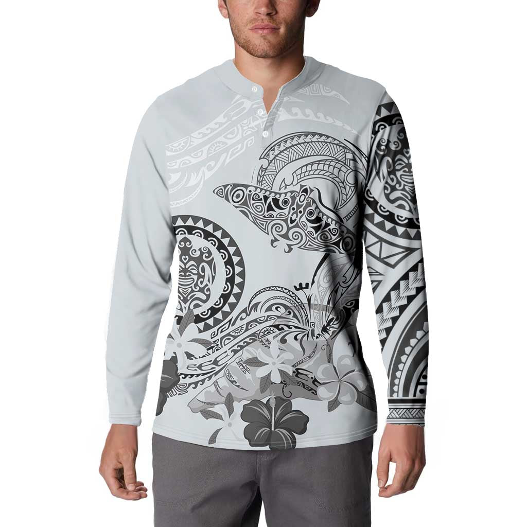 Polynesian Manta Ray Button Sweatshirt Gray Floral Turtle Tattoo - Polynesian Pride