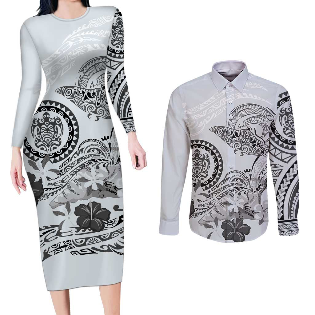 Polynesian Manta Ray Couples Matching Long Sleeve Bodycon Dress and Long Sleeve Button Shirt Gray Floral Turtle Tattoo - Polynesian Pride