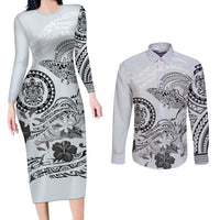 Polynesian Manta Ray Couples Matching Long Sleeve Bodycon Dress and Long Sleeve Button Shirt Gray Floral Turtle Tattoo - Polynesian Pride