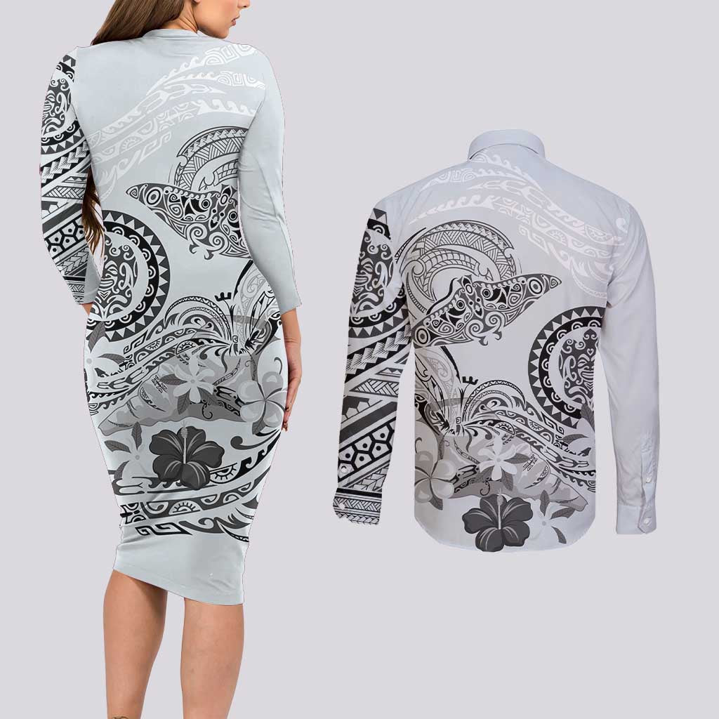 Polynesian Manta Ray Couples Matching Long Sleeve Bodycon Dress and Long Sleeve Button Shirt Gray Floral Turtle Tattoo - Polynesian Pride