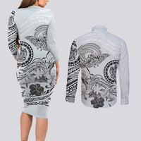 Polynesian Manta Ray Couples Matching Long Sleeve Bodycon Dress and Long Sleeve Button Shirt Gray Floral Turtle Tattoo - Polynesian Pride