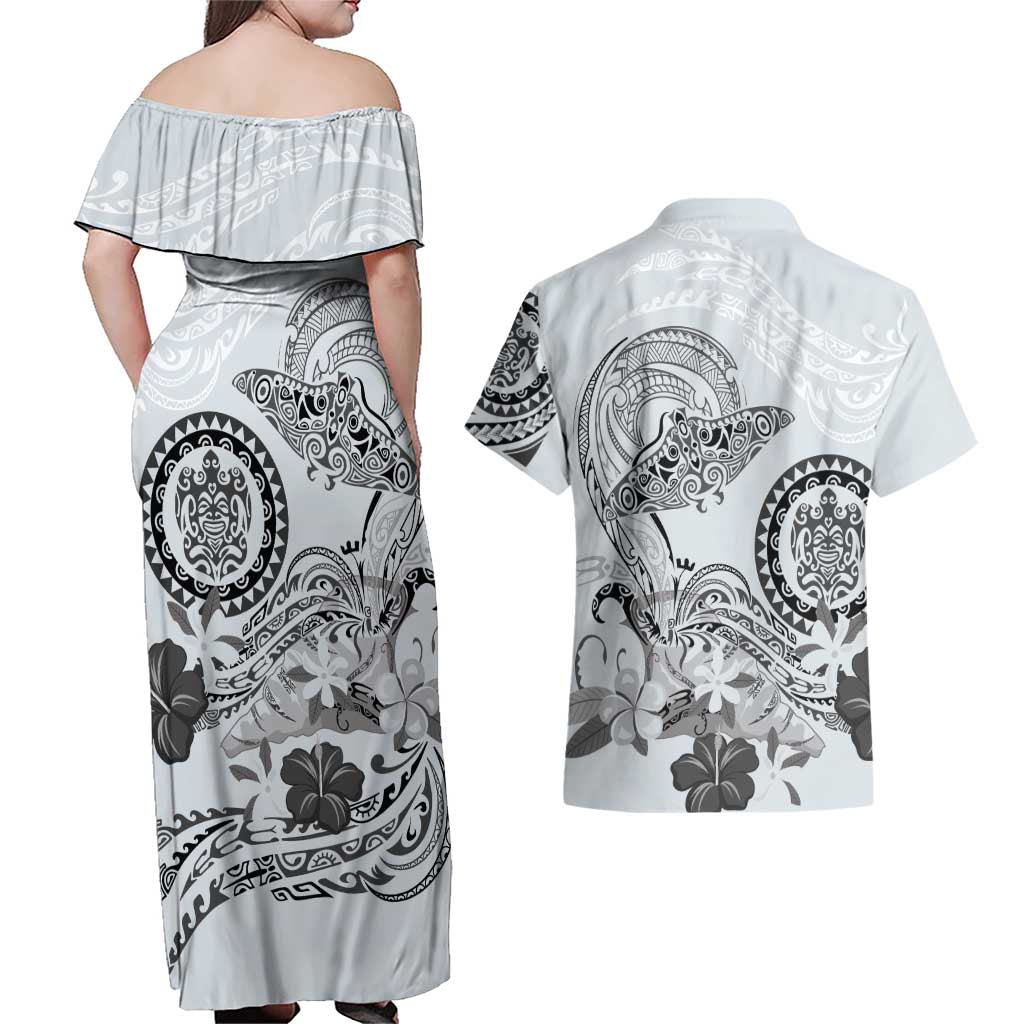 Polynesian Manta Ray Couples Matching Off Shoulder Maxi Dress and Hawaiian Shirt Gray Floral Turtle Tattoo - Polynesian Pride