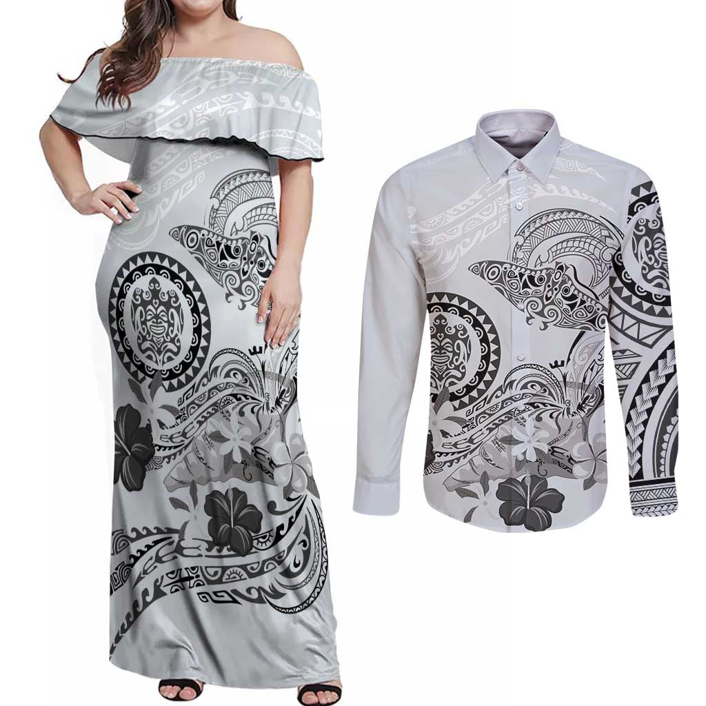 Polynesian Manta Ray Couples Matching Off Shoulder Maxi Dress and Long Sleeve Button Shirt Gray Floral Turtle Tattoo - Polynesian Pride