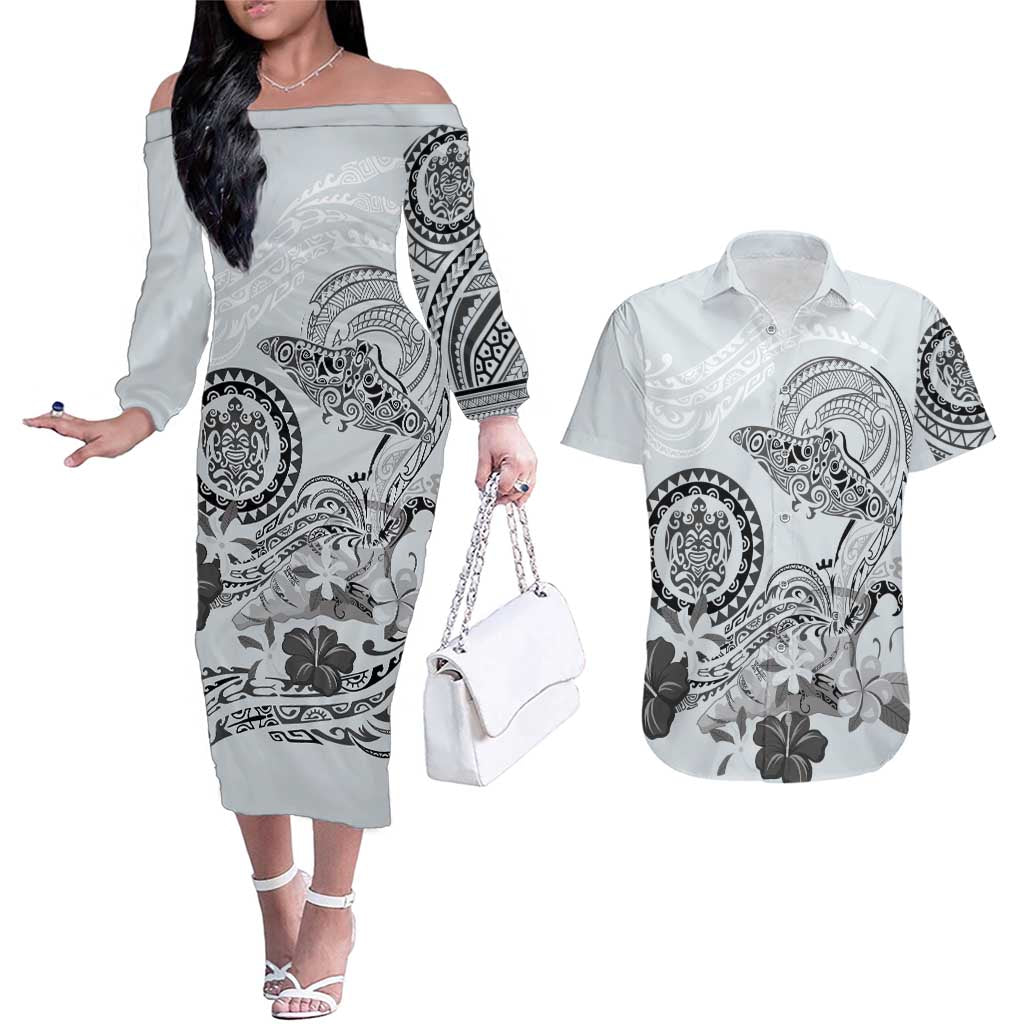 Polynesian Manta Ray Couples Matching Off The Shoulder Long Sleeve Dress and Hawaiian Shirt Gray Floral Turtle Tattoo - Polynesian Pride