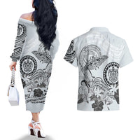 Polynesian Manta Ray Couples Matching Off The Shoulder Long Sleeve Dress and Hawaiian Shirt Gray Floral Turtle Tattoo - Polynesian Pride