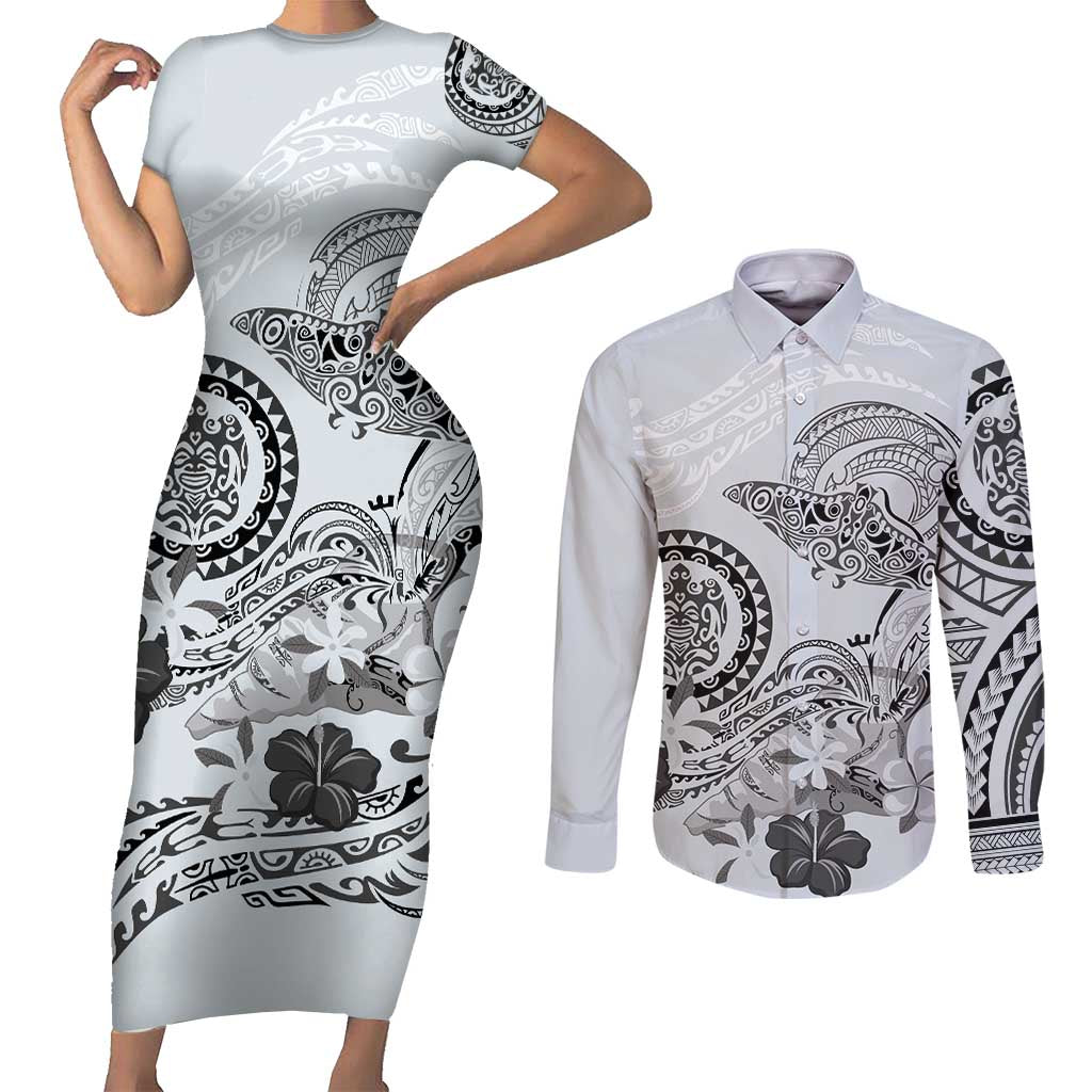 Polynesian Manta Ray Couples Matching Short Sleeve Bodycon Dress and Long Sleeve Button Shirt Gray Floral Turtle Tattoo - Polynesian Pride