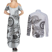 Polynesian Manta Ray Couples Matching Summer Maxi Dress and Long Sleeve Button Shirt Gray Floral Turtle Tattoo - Polynesian Pride